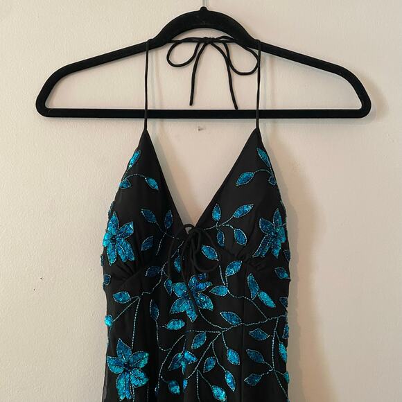 Cache Y2K Black Blue 100% Silk Beaded Floral Halter Midi Dress Women's size XS - Picture 2 of 12